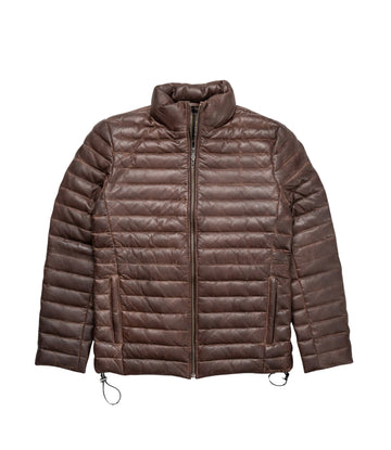 Men's Brown Leather Puffer Jacket