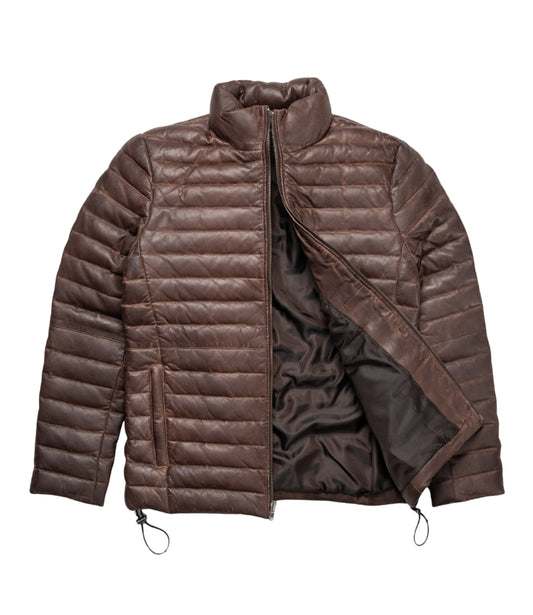 Men's Brown Leather Puffer Jacket