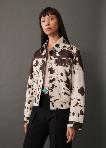 White and Cream Modernist Cow Hide Leather Jacket, Chic Outerwear for Fashion Lovers