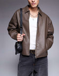 Front view of brown original leather Harrington jacket with oversized fit – Cowskin Jackets