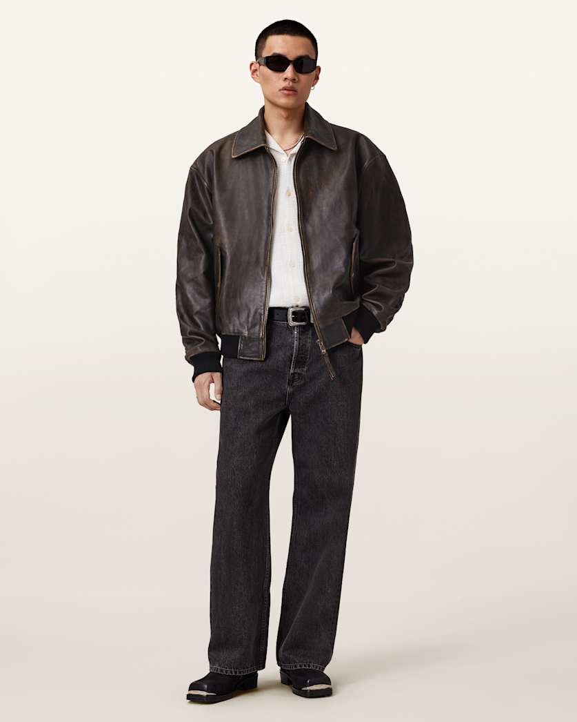 Vintage Brown Cowhide Leather Bomber Jacket for Men