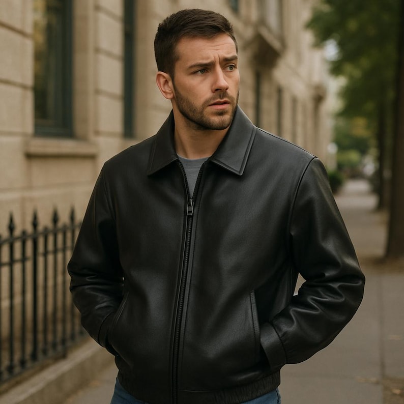 Minimalist black original leather bomber jacket with elastic hem and cuffs – Cowskin Jackets