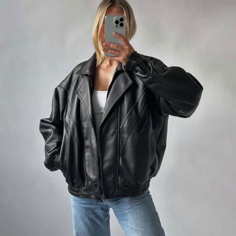 Vintage Black Leather Bomber Jacket 90s Oversized Genuine Leather Jack