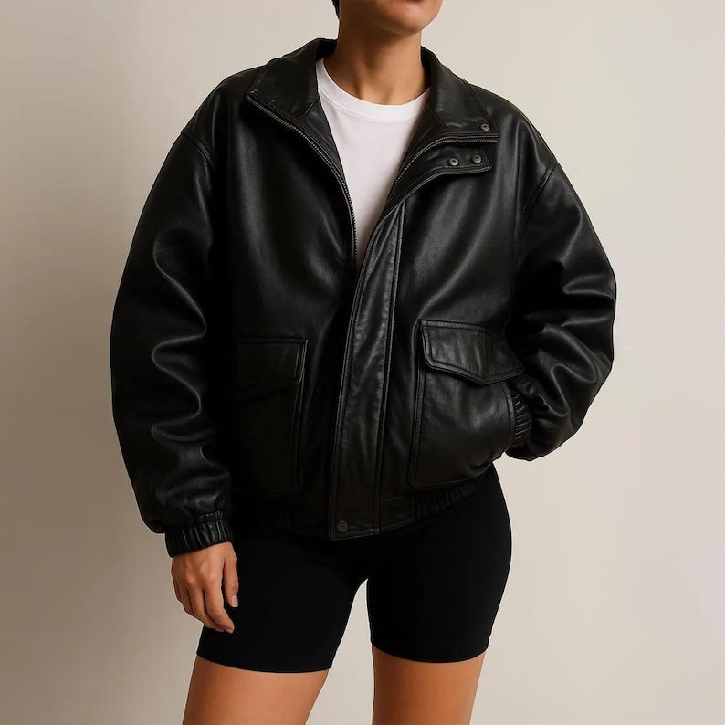 1980s Women Black Oversized Leather Jacket, Ladies Old Retro Vintage L