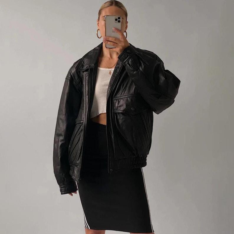 1980s Oversized Vintage Black Leather Jacket Long Sleeve Leather Jacke