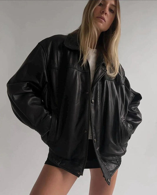 90's Women Handmade Black Oversize Leather Jacket, Women Casual Wear Genuine Leather Jacket, Outerwear Gift For Ladies Soft Leather Jacket.