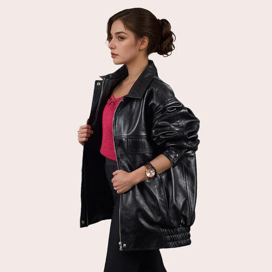 Women's Bomber Oversized Leather Jacket, Women 1980's Style Jacket, Ladies Black Bomber Jacket, Soft Leather, Gift For Her, Real Leather