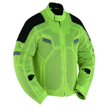 Black textile motorcycle jacket with protective armor, front zip, and reflective panels – worn by a biker on a road