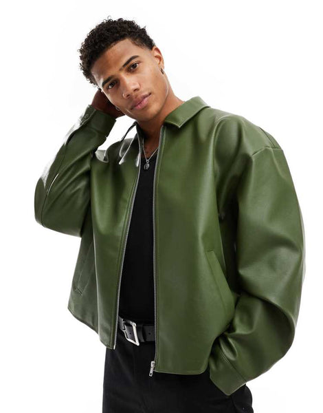 Green Original Leather Harrington Jacket – Oversized Boxy Fit