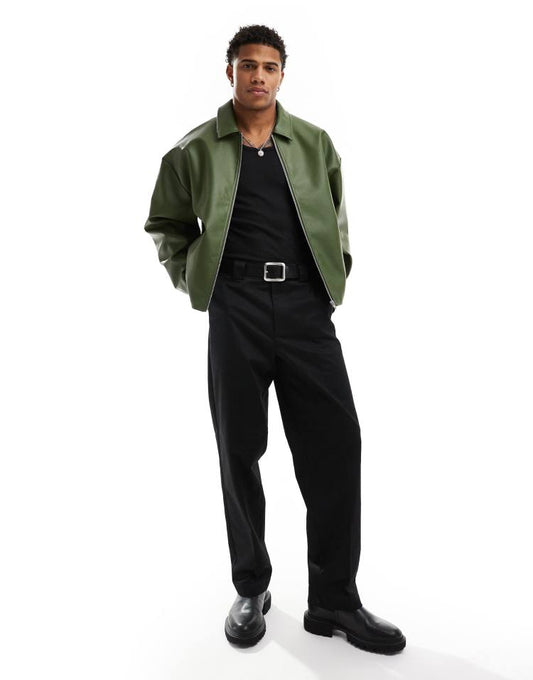 Original Leather Harrington Jacket – Green Boxy Oversized Fit | Cowskin Jackets