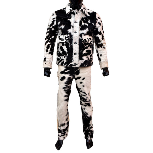 Men's Black and White Cowhide Fur Jacket – Genuine Leather Western Style Coat
