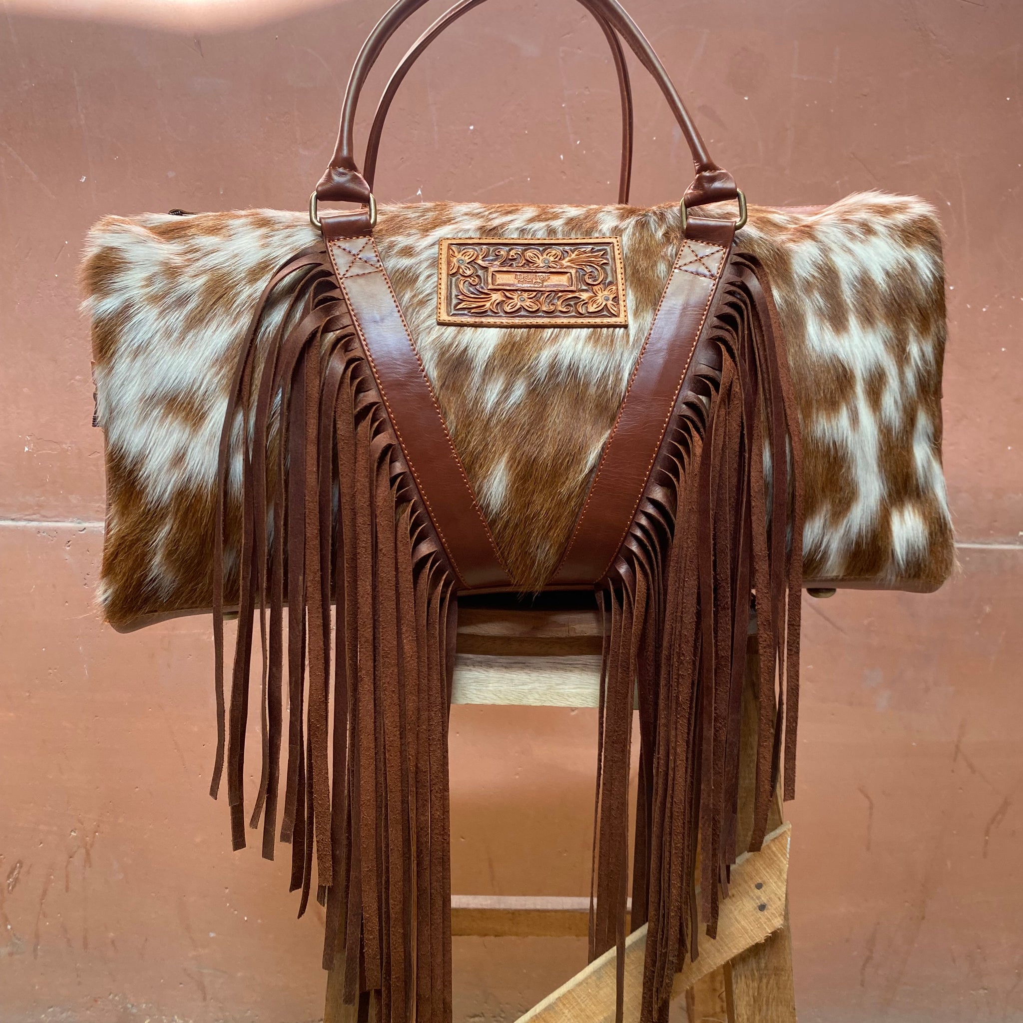 Cowhide Western Duffle Bag With Fringe