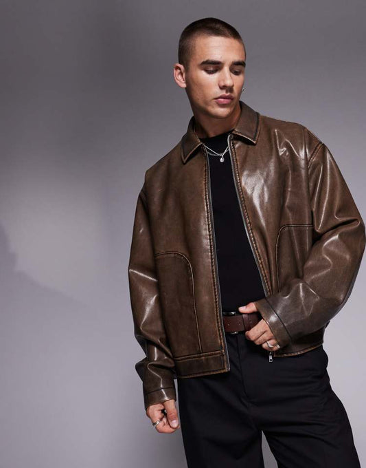 Model wearing washed brown original leather Harrington jacket with oversized fit – Cowskin Jackets