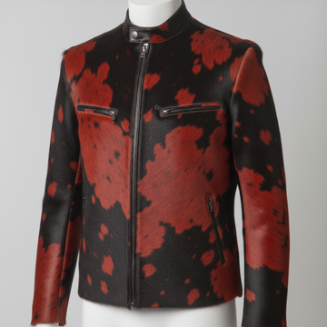 Men’s Red & Black Dyed Cowhide Leather Jacket – Real Hair-On Hide Biker Coat