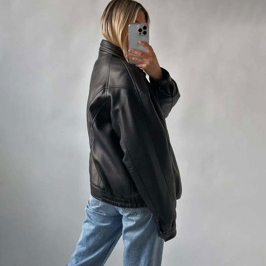Vintage Black Leather Bomber Jacket 90s Oversized Genuine Leather Jacket  Outerwear Gift For Here Ladies Soft Leather Jacket