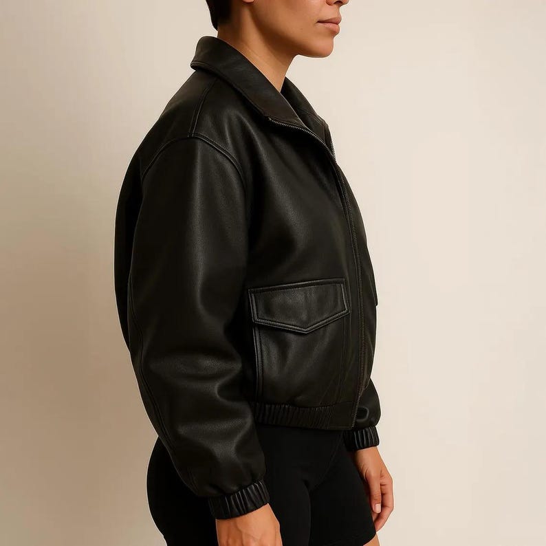 1980s Women Black Oversized Leather Jacket, Ladies Old Retro Vintage L